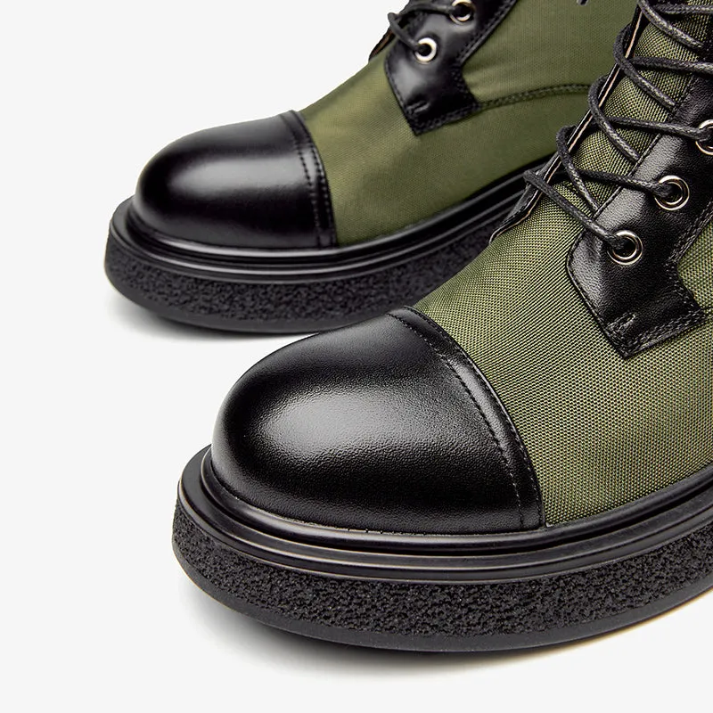 BeauToday Women Genuine Calfskin Patchwork Lace Up Ankle Boots with Round Toe Design