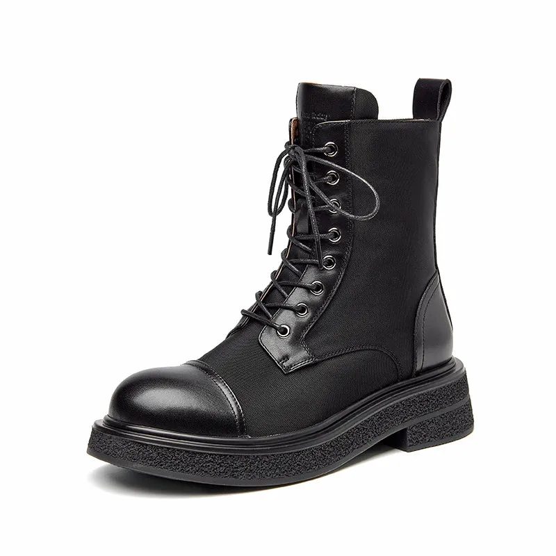 BeauToday Women Genuine Calfskin Patchwork Lace Up Ankle Boots with Round Toe Design