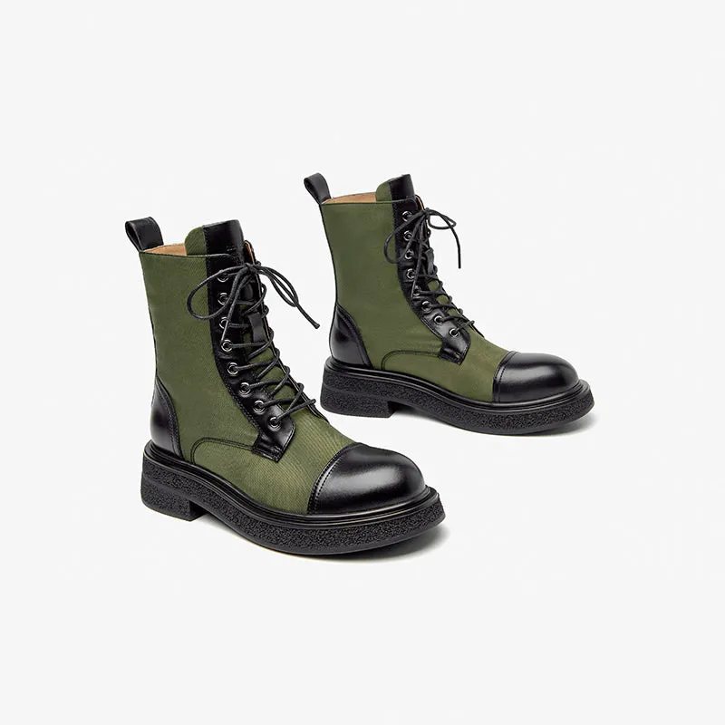 BeauToday Women Genuine Calfskin Patchwork Lace Up Ankle Boots with Round Toe Design