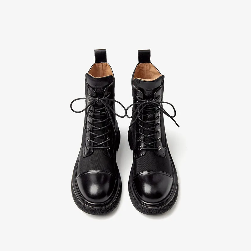 BeauToday Women Genuine Calfskin Patchwork Lace Up Ankle Boots with Round Toe Design