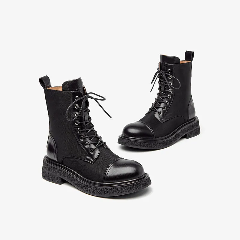 BeauToday Women Genuine Calfskin Patchwork Lace Up Ankle Boots with Round Toe Design