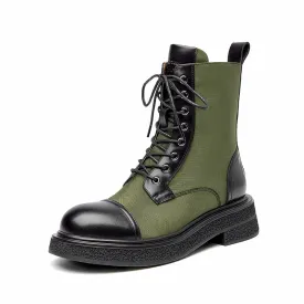 BeauToday Women Genuine Calfskin Patchwork Lace Up Ankle Boots with Round Toe Design