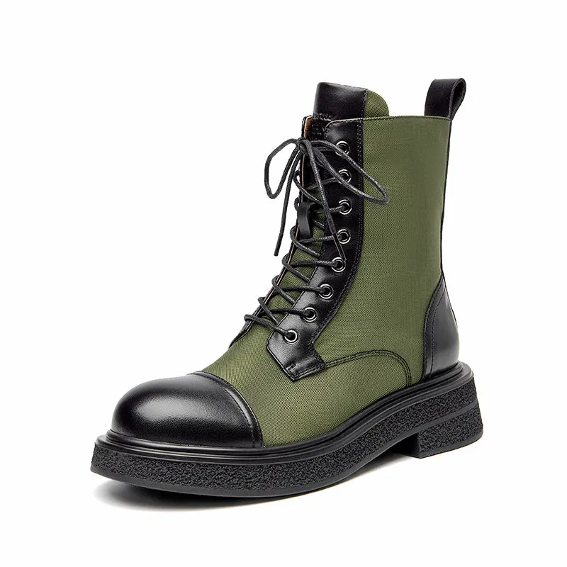 BeauToday Women Genuine Calfskin Patchwork Lace Up Ankle Boots with Round Toe Design