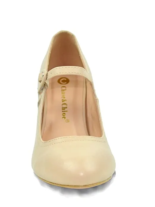 Chase & Chloe Kimmy-21 Round Toe Mid Heel Mary Jane Style Dress Pumps Nude (6.5, NUDE PU)