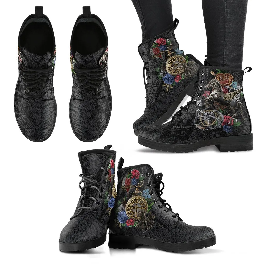 Combat Boots - Steampunk Inspired Design #11 with Black Lace Print | Women's Boots, Handmade Boots, Custom Shoes