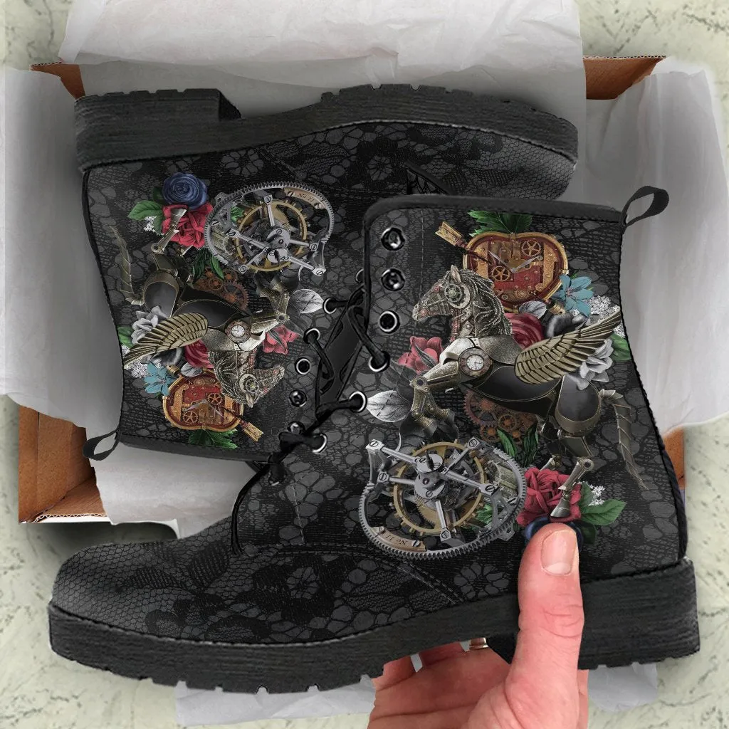 Combat Boots - Steampunk Inspired Design #11 with Black Lace Print | Women's Boots, Handmade Boots, Custom Shoes