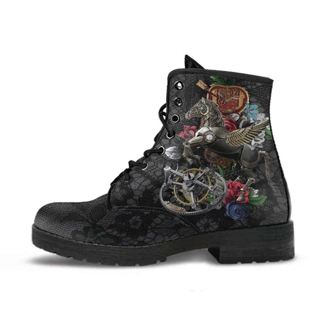 Combat Boots - Steampunk Inspired Design #11 with Black Lace Print | Women's Boots, Handmade Boots, Custom Shoes