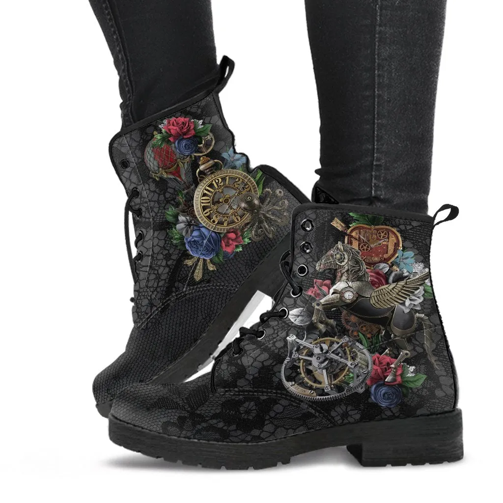 Combat Boots - Steampunk Inspired Design #11 with Black Lace Print | Women's Boots, Handmade Boots, Custom Shoes