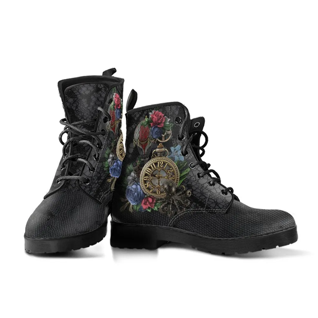 Combat Boots - Steampunk Inspired Design #11 with Black Lace Print | Women's Boots, Handmade Boots, Custom Shoes