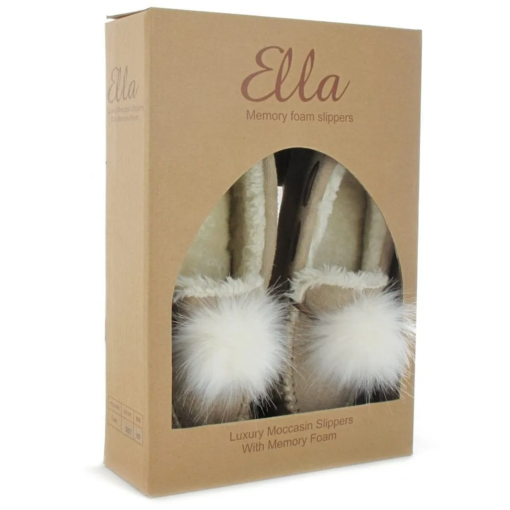 Ella Paula Chestnut Luxury Moccasin Fur Pom Pom Slippers