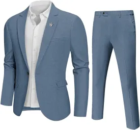 Hihawk Men 2 Piece Regular Fit Linen Suit, Casual Blazer Pants Set, Lightweight Jacket Trouser for Wedding Prom