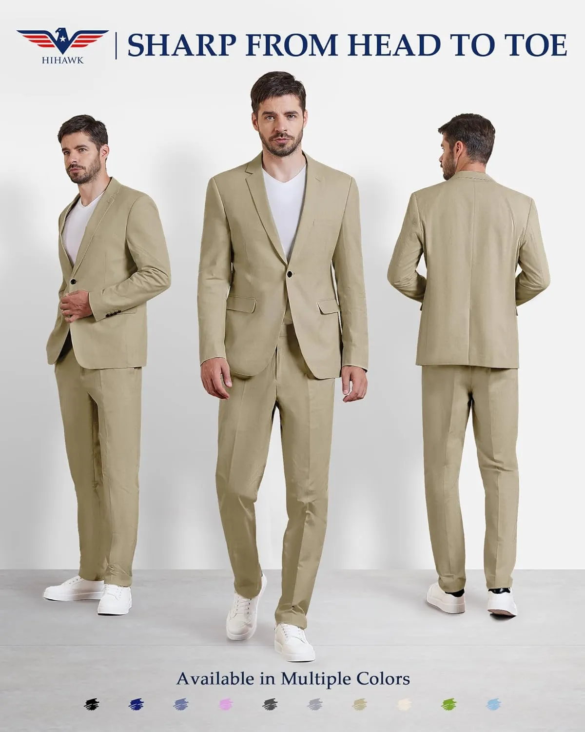 Hihawk Men 2 Piece Regular Fit Linen Suit, Casual Blazer Pants Set, Lightweight Jacket Trouser for Wedding Prom
