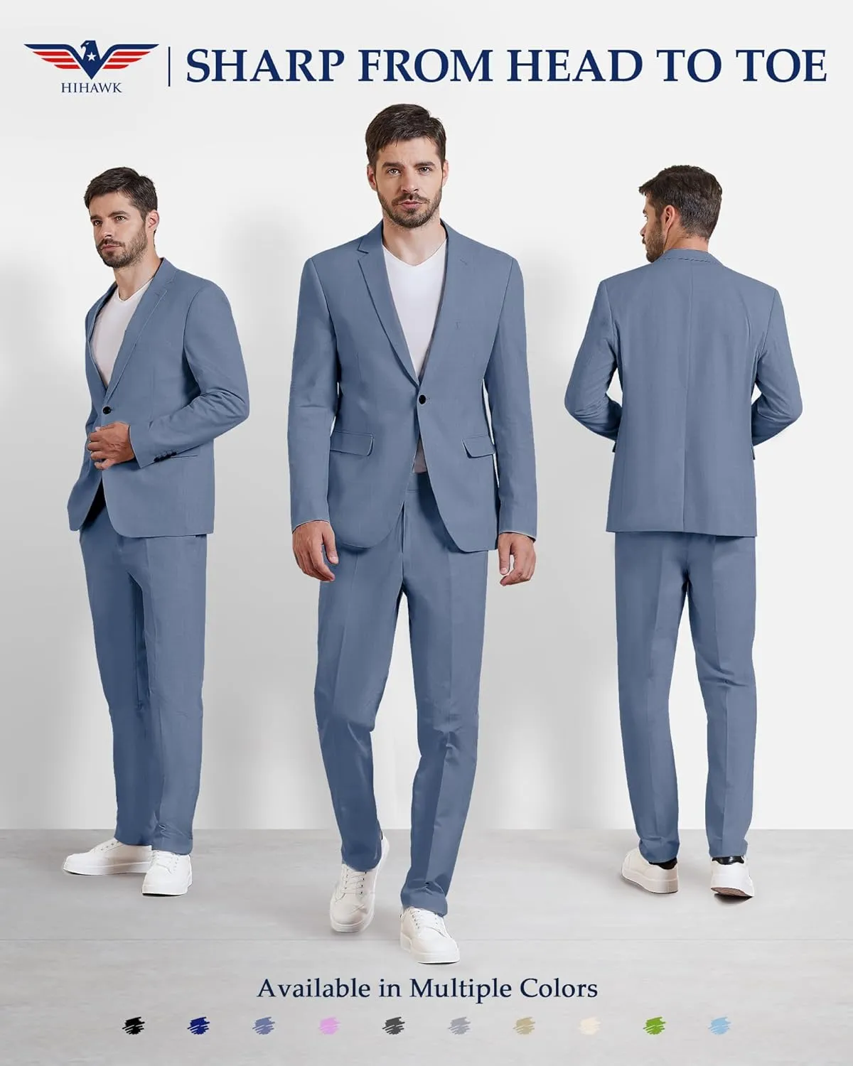 Hihawk Men 2 Piece Regular Fit Linen Suit, Casual Blazer Pants Set, Lightweight Jacket Trouser for Wedding Prom