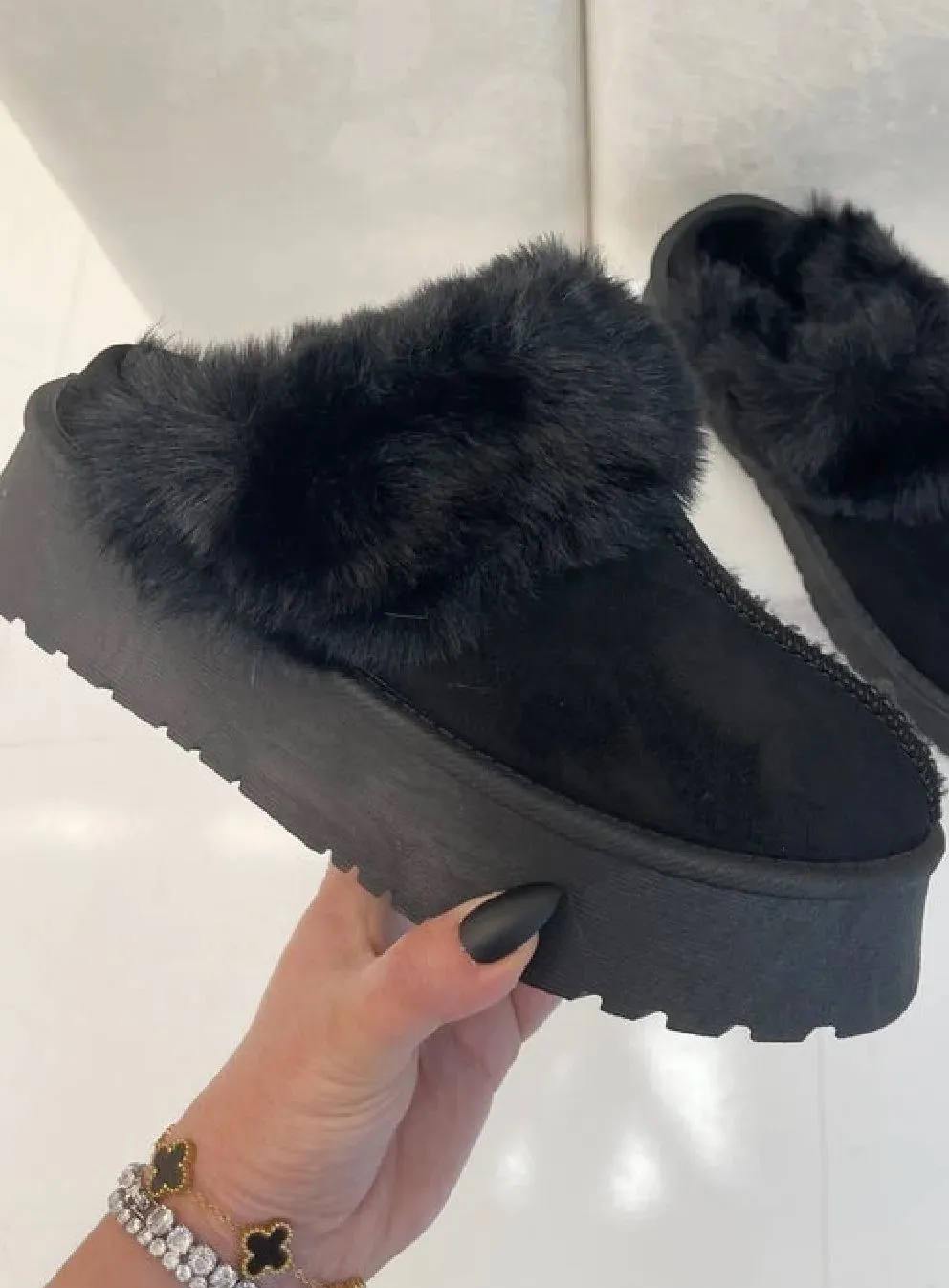 H.O.S Black Womens Faux Fur Platform Mules Slippers Fluffy Shoes (Buy Size Up)