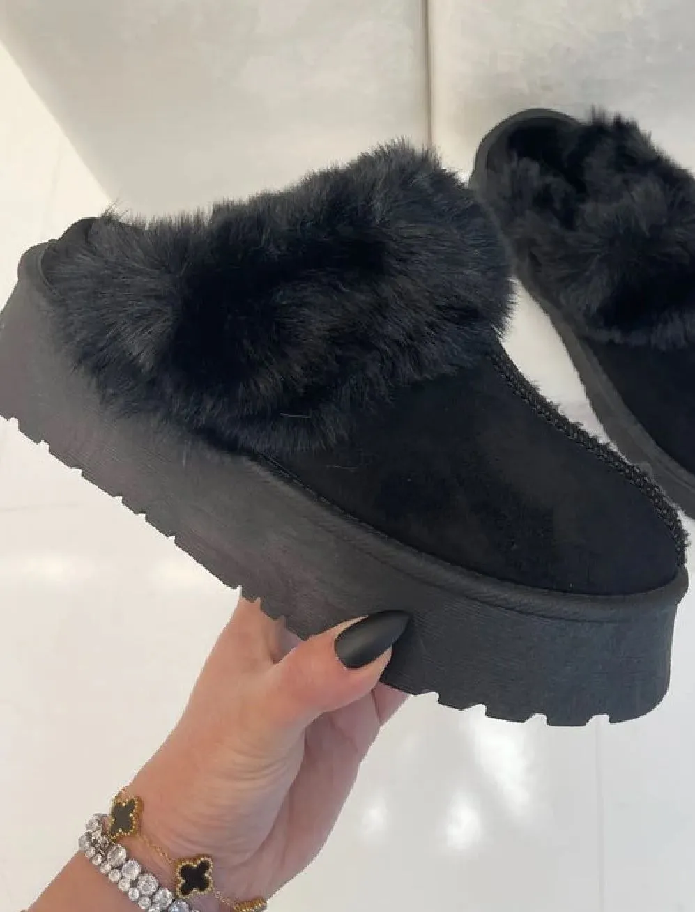 H.O.S Black Womens Faux Fur Platform Mules Slippers Fluffy Shoes (Buy Size Up)
