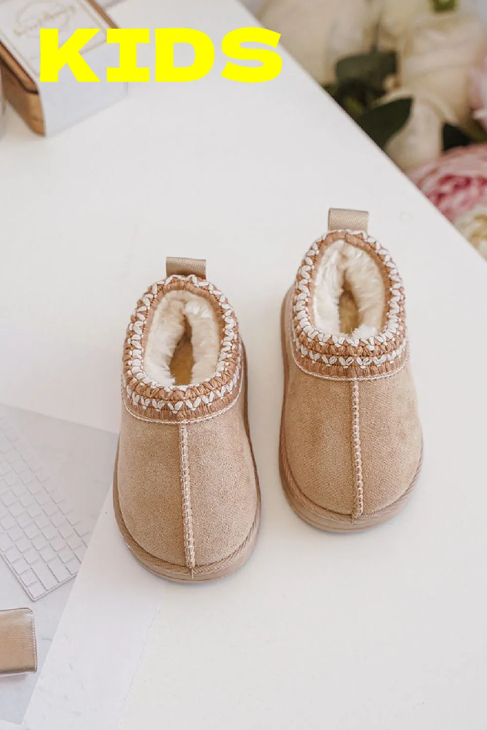 KIDS EMBROIDERY DETAIL FAUX FUR LINING SLIPPERS IN BEIGE 19-24 SIZES