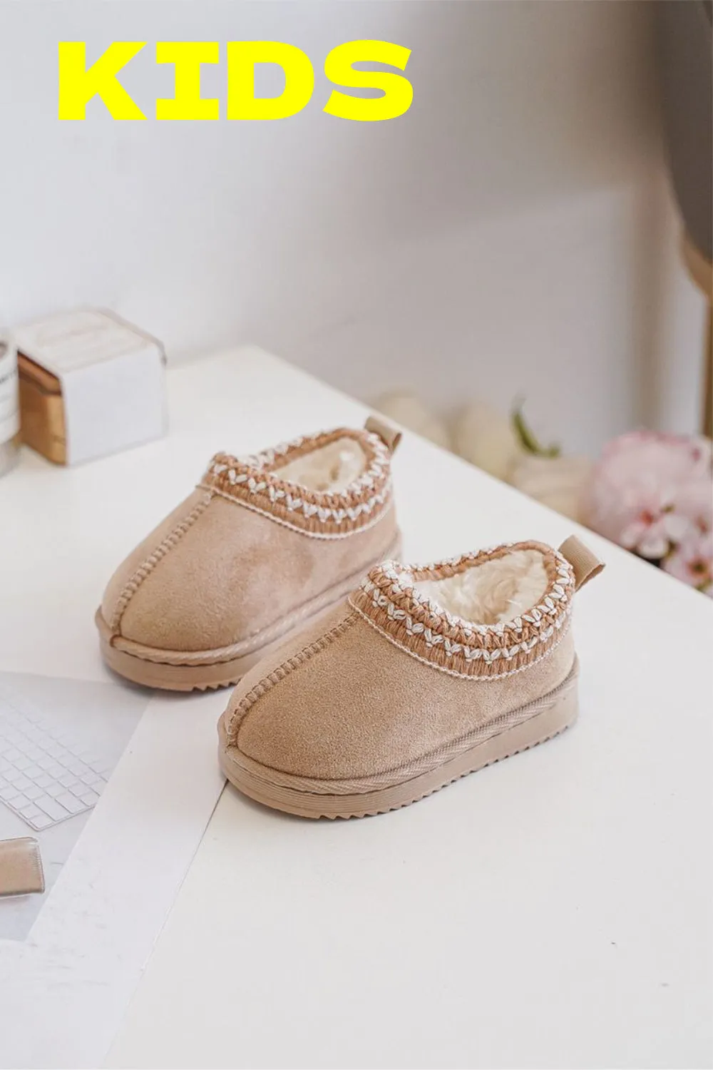 KIDS EMBROIDERY DETAIL FAUX FUR LINING SLIPPERS IN BEIGE 19-24 SIZES