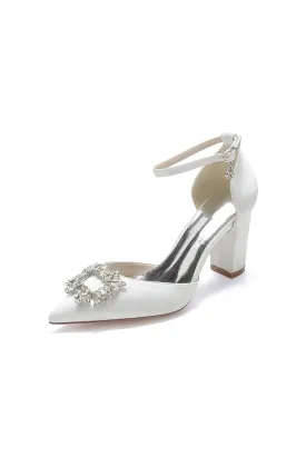 Rhinestone Pointed Toe Ankle Strap Buckle Chunky Heel