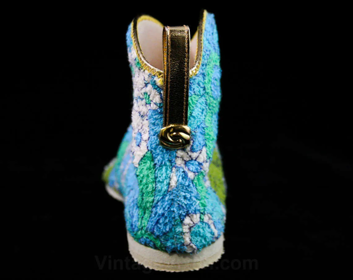 Size 13 Girl's Slippers - Cute 1960s Girls Terrycloth Cotton Booties - Blue Green Gold Toddler Childs Indoor House Shoe - 60s Deadstock