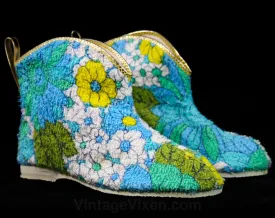 Size 13 Girl's Slippers - Cute 1960s Girls Terrycloth Cotton Booties - Blue Green Gold Toddler Childs Indoor House Shoe - 60s Deadstock