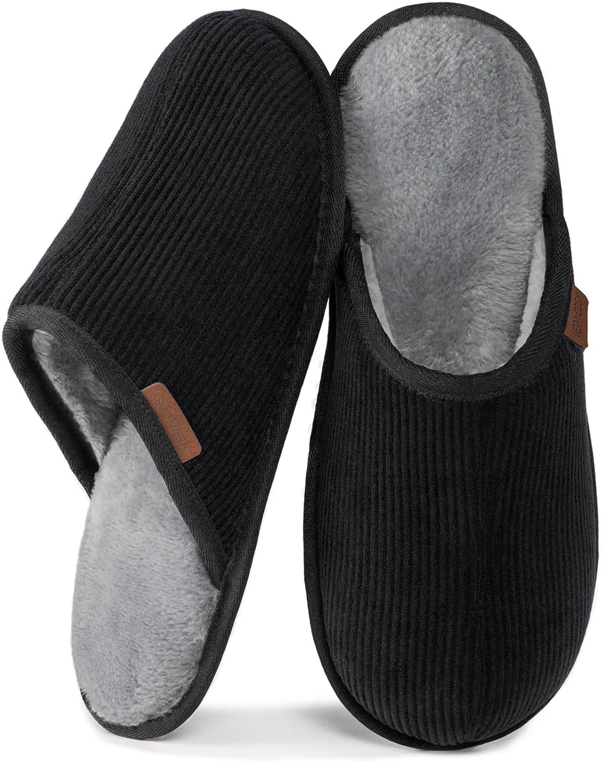 VeraCosy Men's Comfy Corduroy Memory Foam Scuff Slippers Soft Faux Fur Lined House Shoes with Anti-Skid Lightweight Sole