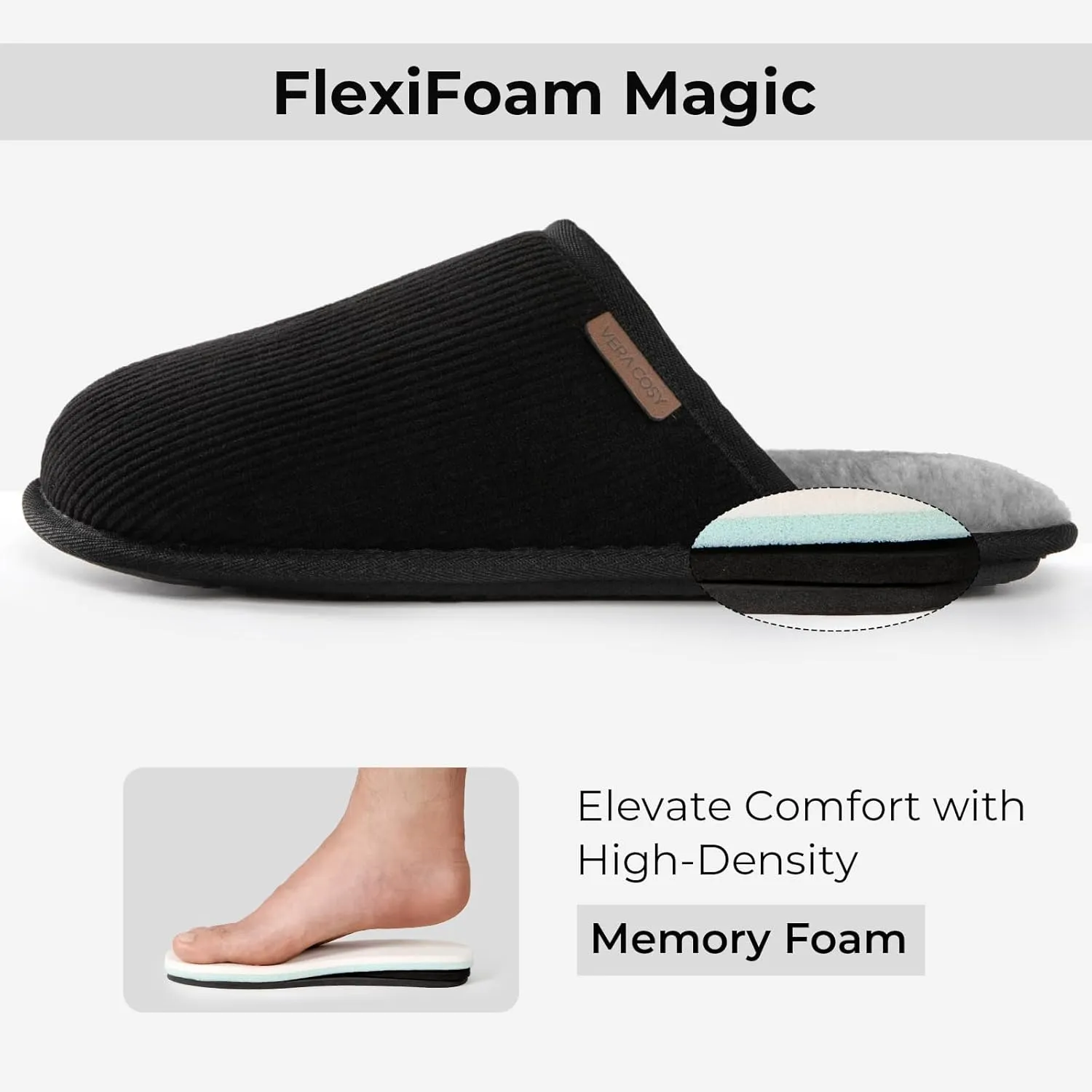 VeraCosy Men's Comfy Corduroy Memory Foam Scuff Slippers Soft Faux Fur Lined House Shoes with Anti-Skid Lightweight Sole