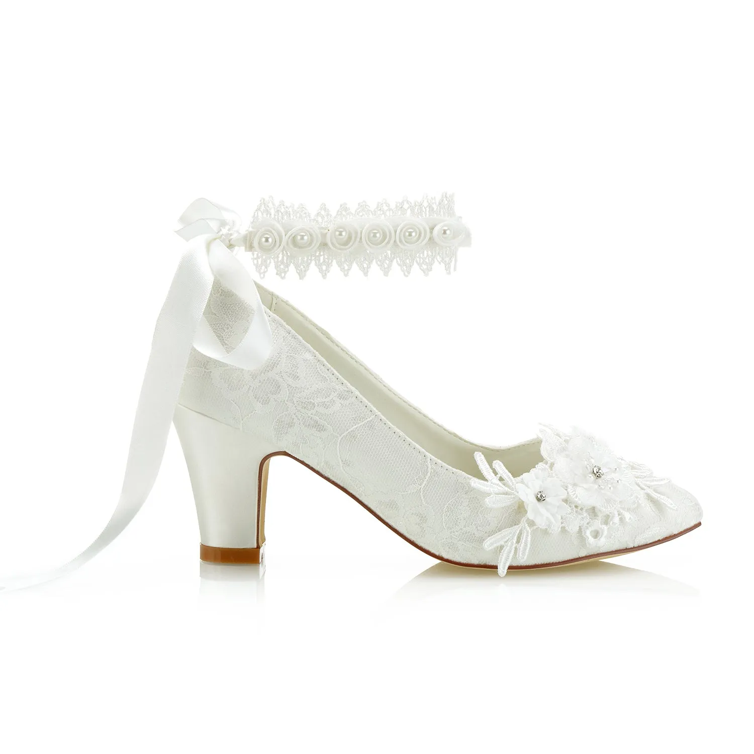 Women's Bridal Shoes 2.7'' Closed Toe Chunky Heel Lace Satin Pumps Satin Flower Ribbon Tie Wedding