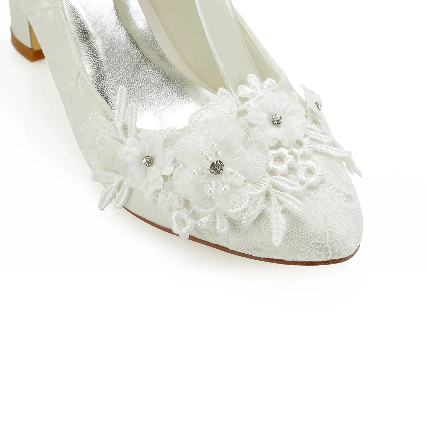 Women's Bridal Shoes 2.7'' Closed Toe Chunky Heel Lace Satin Pumps Satin Flower Ribbon Tie Wedding