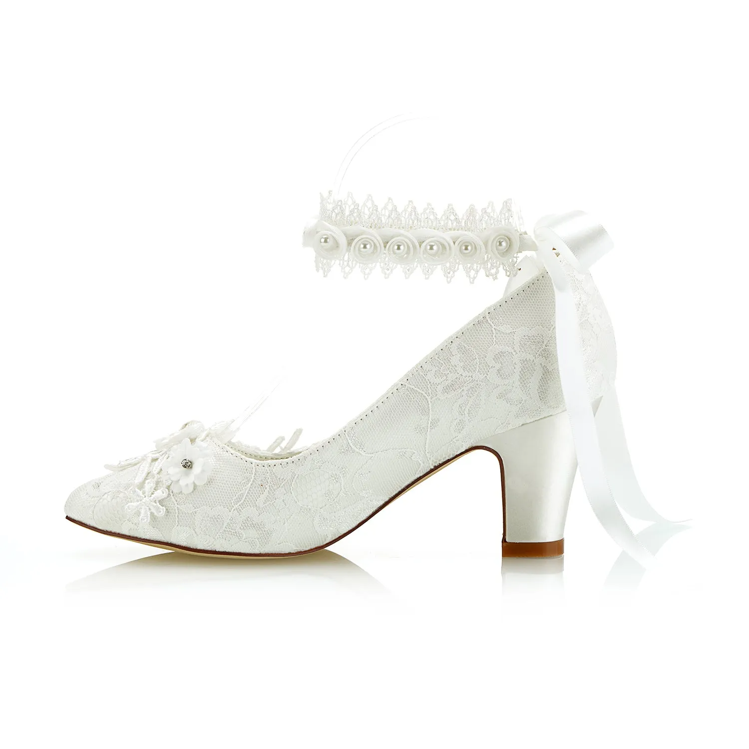 Women's Bridal Shoes 2.7'' Closed Toe Chunky Heel Lace Satin Pumps Satin Flower Ribbon Tie Wedding