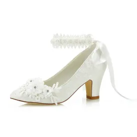Women's Bridal Shoes 2.7'' Closed Toe Chunky Heel Lace Satin Pumps Satin Flower Ribbon Tie Wedding