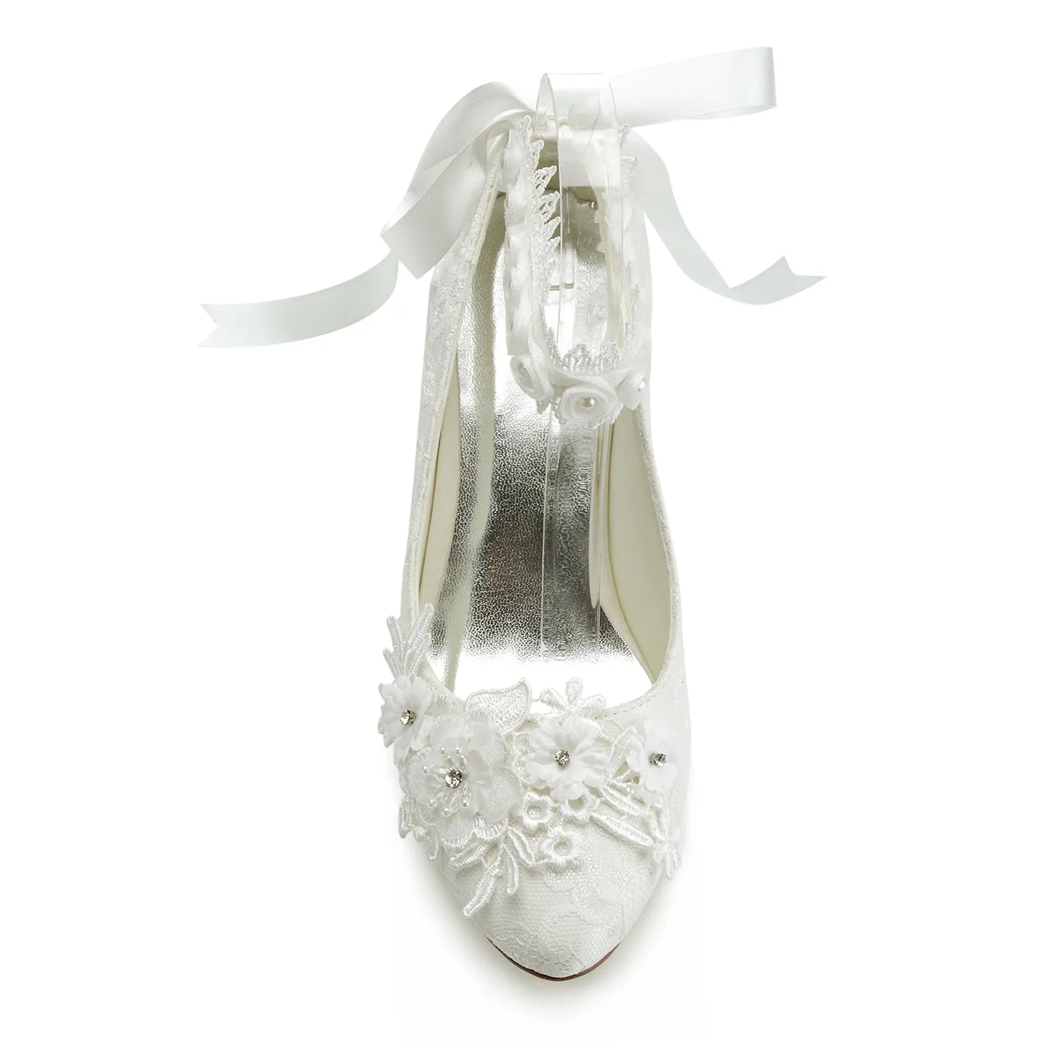 Women's Bridal Shoes 2.7'' Closed Toe Chunky Heel Lace Satin Pumps Satin Flower Ribbon Tie Wedding