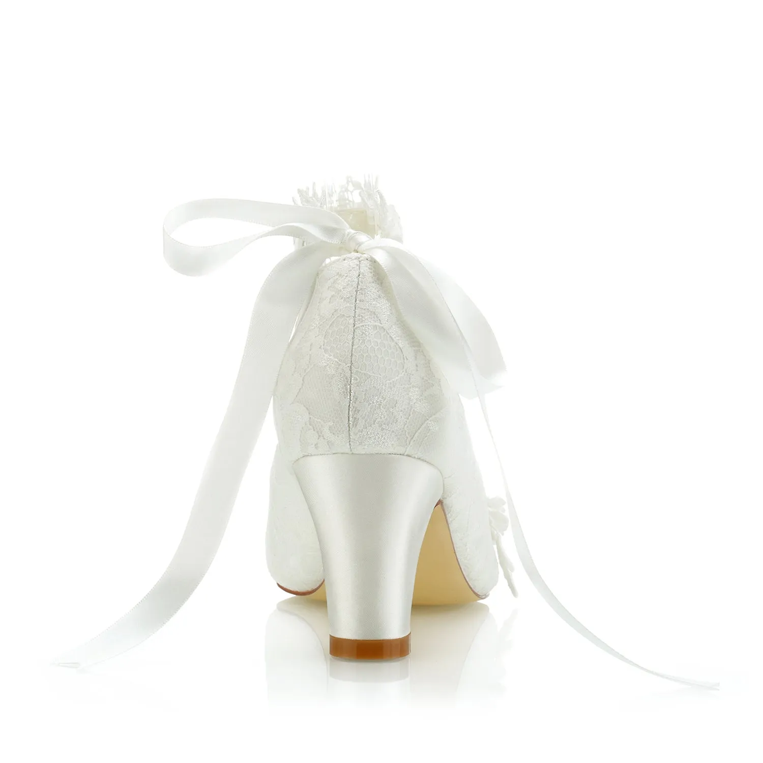 Women's Bridal Shoes 2.7'' Closed Toe Chunky Heel Lace Satin Pumps Satin Flower Ribbon Tie Wedding