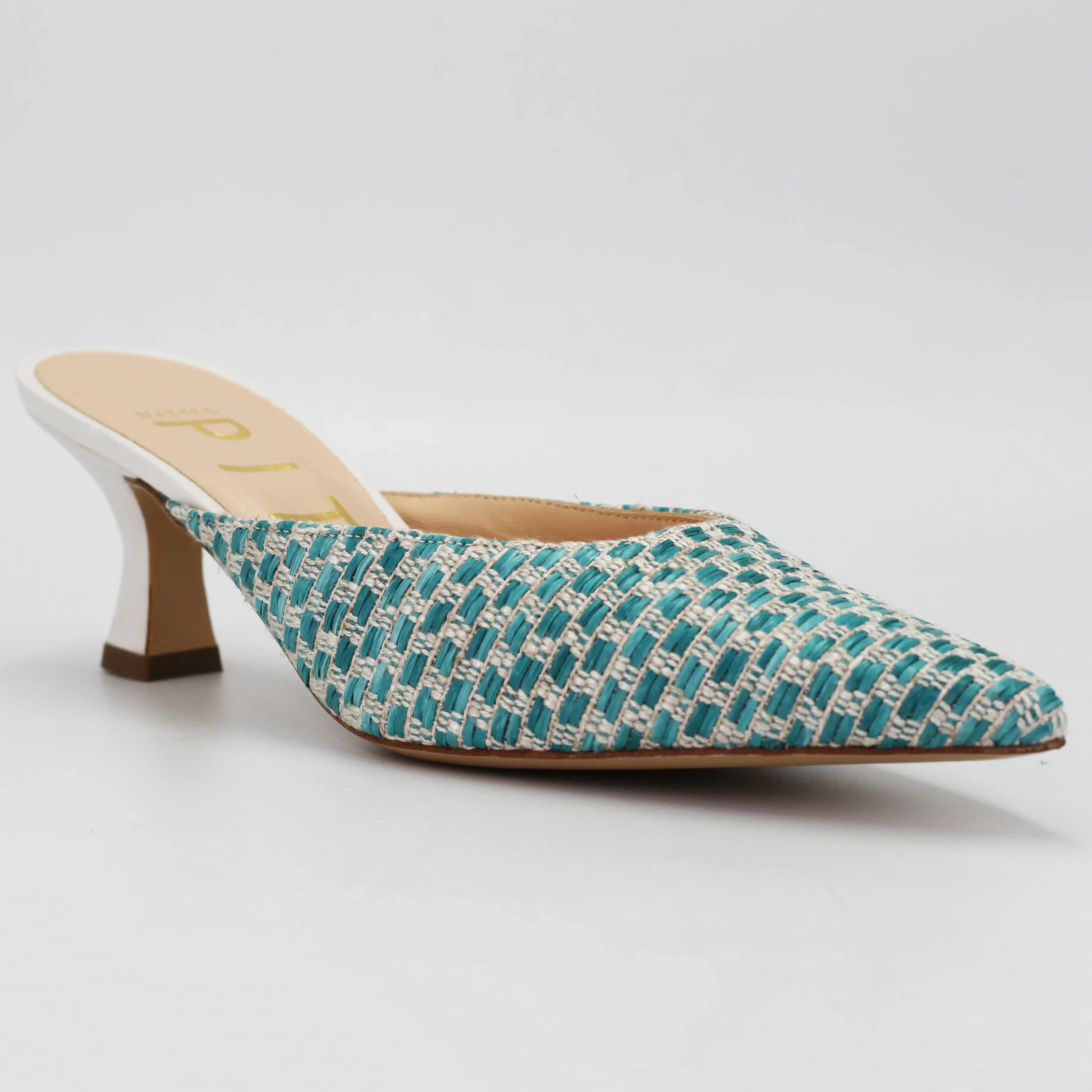 Women's kitten heel in calf leather and fabric Raffia Turquoise (MP4400)