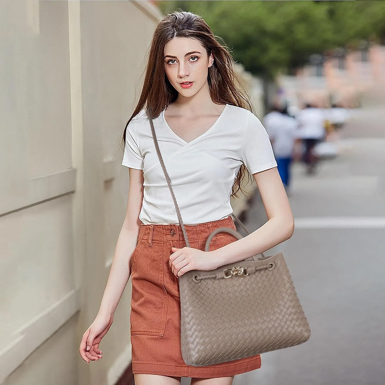 Woven Tote Bag for Women Crossbody Handbag,Vegan Leather Large Tote Purse,Trendy Satchel Handbag Bowknot Shoulder Bag