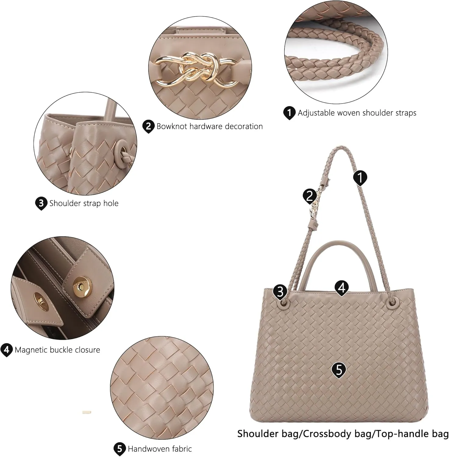 Woven Tote Bag for Women Crossbody Handbag,Vegan Leather Large Tote Purse,Trendy Satchel Handbag Bowknot Shoulder Bag
